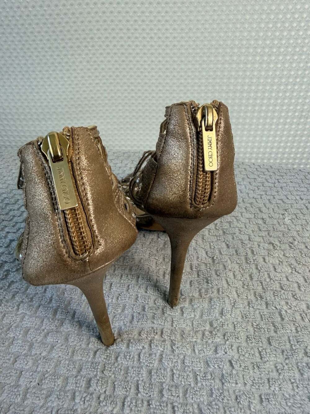 Jimmy Choo Beige Gold Suede Rhinestone Caged Stiletto Sandals Sz 9 - Picture 6 of 12